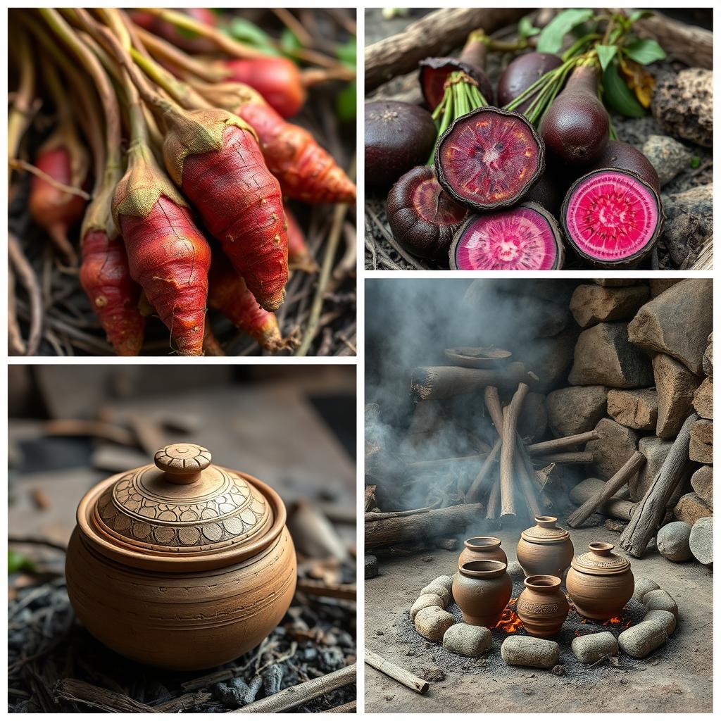 Photos of native ingredients from the Pre-Colonial period, showcasing vibrant root crops like ube and adlay in their natural settings