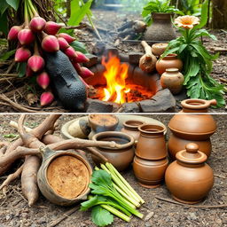 Photos of native ingredients from the Pre-Colonial period, showcasing vibrant root crops like ube and adlay in their natural settings