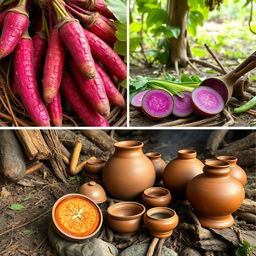 Photos of native ingredients from the Pre-Colonial period, showcasing vibrant root crops like ube and adlay in their natural settings