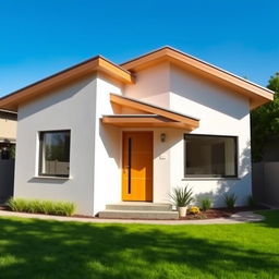 A simple, modern house design featuring a clean architectural style, large windows, and a minimalist facade