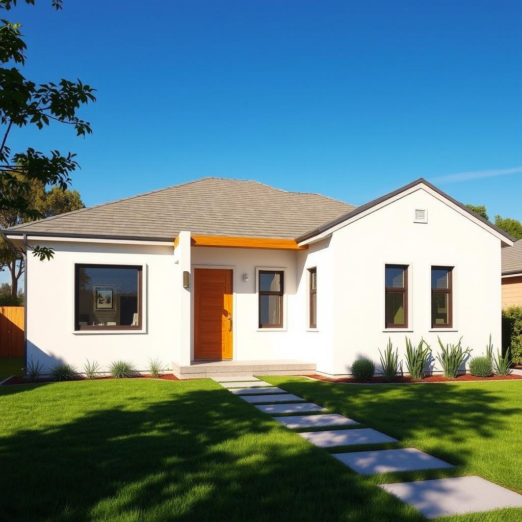 A simple, modern house design featuring a clean architectural style, large windows, and a minimalist facade