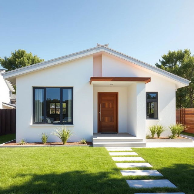 A simple, modern house design featuring a clean architectural style, large windows, and a minimalist facade