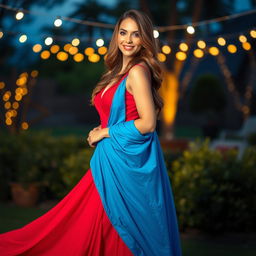 A stunning woman wearing a flowing red dress that cascades down to the floor, accentuating her figure with elegant curves