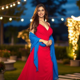 A stunning woman wearing a flowing red dress that cascades down to the floor, accentuating her figure with elegant curves
