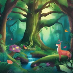 A high-resolution illustration that captures the magical allure of an 'enchanted forest' or 'floresta encantada'