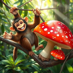 A lively monkey, featuring distinct hands and feet, perched on a branch while joyfully saving a large, colorful mushroom