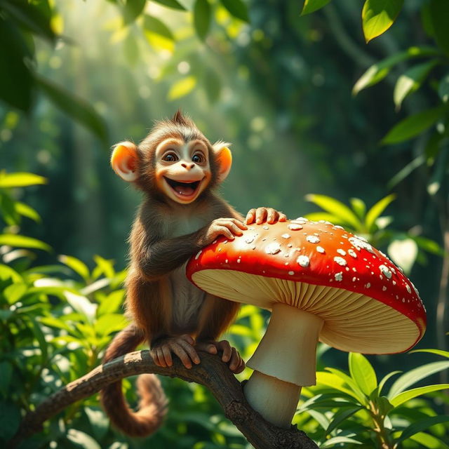 A lively monkey, featuring distinct hands and feet, perched on a branch while joyfully saving a large, colorful mushroom