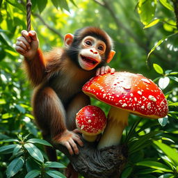 A lively monkey, featuring distinct hands and feet, perched on a branch while joyfully saving a large, colorful mushroom