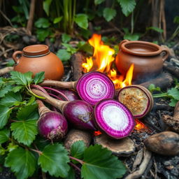 A vibrant, detailed photo showcasing native Philippine ingredients from the Pre-Colonial period, featuring fresh root crops like ube (purple yam) and adlay (Job’s tears)