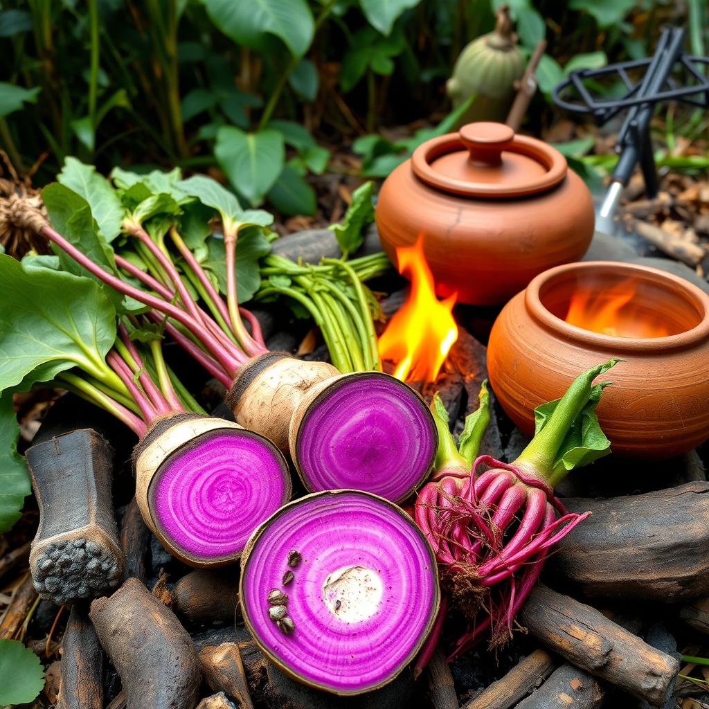 A vibrant, detailed photo showcasing native Philippine ingredients from the Pre-Colonial period, featuring fresh root crops like ube (purple yam) and adlay (Job’s tears)