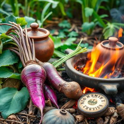 A vibrant, detailed photo showcasing native Philippine ingredients from the Pre-Colonial period, featuring fresh root crops like ube (purple yam) and adlay (Job’s tears)