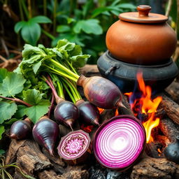 A vibrant, detailed photo showcasing native Philippine ingredients from the Pre-Colonial period, featuring fresh root crops like ube (purple yam) and adlay (Job’s tears)