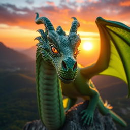 A close-up portrait of a majestic dragon with shimmering emerald green scales and bright golden eyes, perched atop a mountain peak during sunset