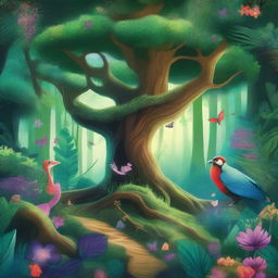 A high-resolution illustration that captures the magical allure of an 'enchanted forest' or 'floresta encantada'