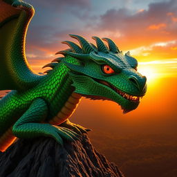 A close-up portrait of a majestic dragon with shimmering emerald green scales and bright golden eyes, perched atop a mountain peak during sunset