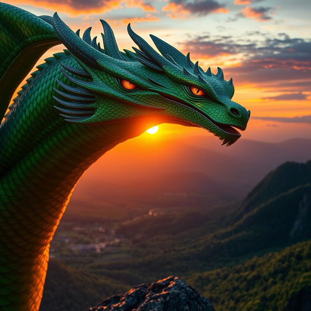 A close-up portrait of a majestic dragon with shimmering emerald green scales and bright golden eyes, perched atop a mountain peak during sunset