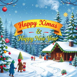 A festive and cheerful winter scene celebrating Christmas and New Year, featuring snowy landscapes, twinkling Christmas lights, and beautifully decorated evergreen trees