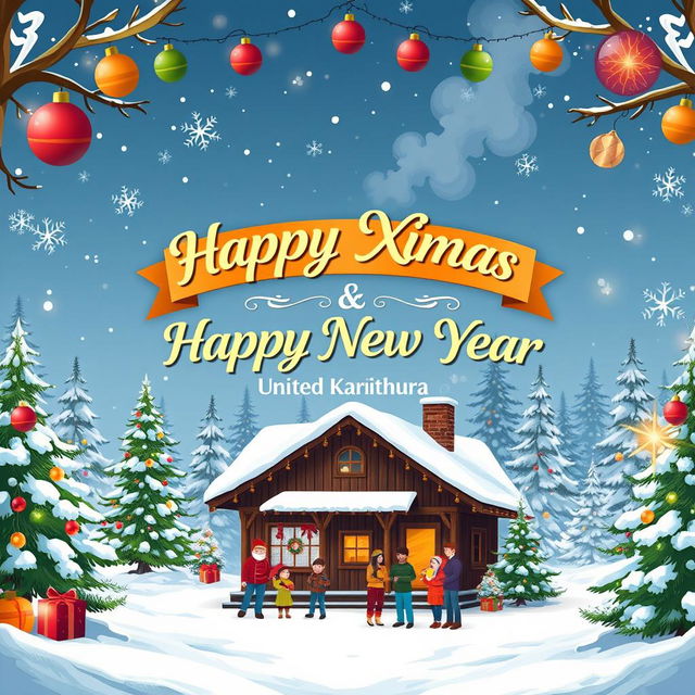 A festive and cheerful winter scene celebrating Christmas and New Year, featuring snowy landscapes, twinkling Christmas lights, and beautifully decorated evergreen trees