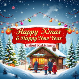 A festive and cheerful winter scene celebrating Christmas and New Year, featuring snowy landscapes, twinkling Christmas lights, and beautifully decorated evergreen trees
