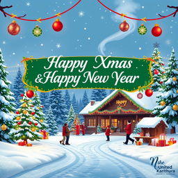 A festive and cheerful winter scene celebrating Christmas and New Year, featuring snowy landscapes, twinkling Christmas lights, and beautifully decorated evergreen trees