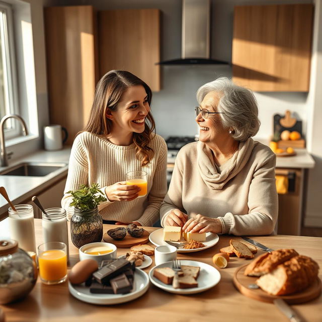 A cozy and modern kitchen scene featuring a 30-year-old woman and her 50-year-old mother enjoying breakfast together