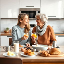A cozy and modern kitchen scene featuring a 30-year-old woman and her 50-year-old mother enjoying breakfast together