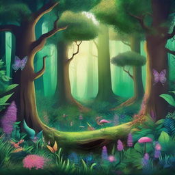 A high-resolution illustration that captures the magical allure of an 'enchanted forest' or 'floresta encantada'