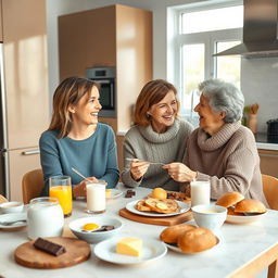 A cozy and modern kitchen scene featuring a 30-year-old woman and her 50-year-old mother enjoying breakfast together