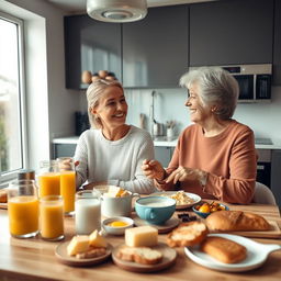 A cozy and modern kitchen scene featuring a 30-year-old woman and her 50-year-old mother enjoying breakfast together