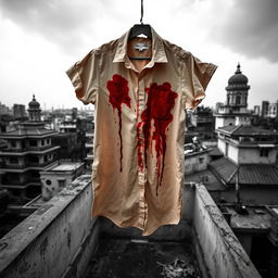 A blood-stained beige shirt hanging on a rope on a rooftop in Kolkata, surrounded by a moody, atmospheric black and white cityscape