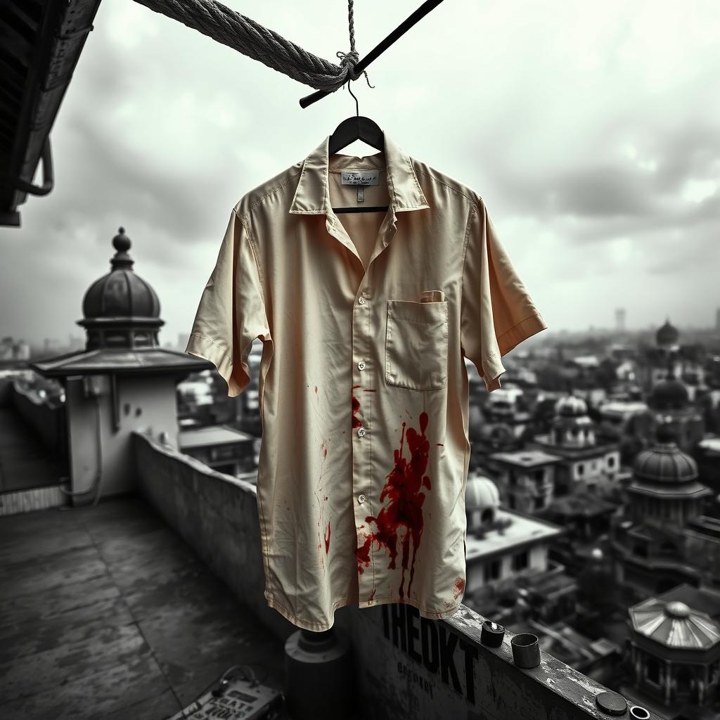 A blood-stained beige shirt hanging on a rope on a rooftop in Kolkata, surrounded by a moody, atmospheric black and white cityscape