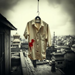 A blood-stained beige shirt hanging on a rope on a rooftop in Kolkata, surrounded by a moody, atmospheric black and white cityscape