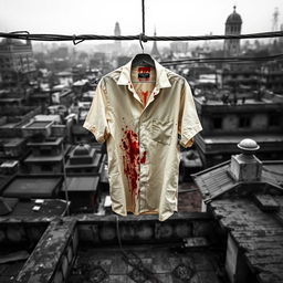 A blood-stained beige shirt hanging on a rope on a rooftop in Kolkata, surrounded by a moody, atmospheric black and white cityscape