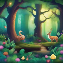 A high-resolution illustration that captures the magical allure of an 'enchanted forest' or 'floresta encantada'