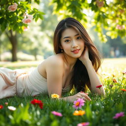 A beautiful Korean woman elegantly posing while lying on the grass in a serene and stunning park setting