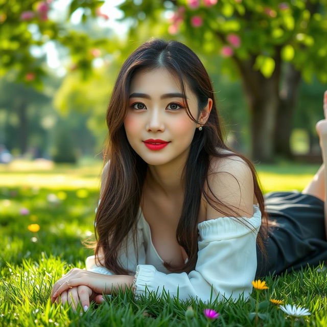 A beautiful Korean woman elegantly posing while lying on the grass in a serene and stunning park setting