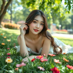 A beautiful Korean woman elegantly posing while lying on the grass in a serene and stunning park setting