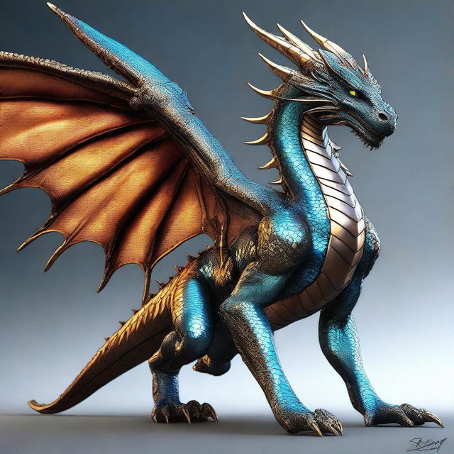 A digital art masterpiece featuring a humanoid bronze dragon with copper-colored scales, radiating a light blue glow