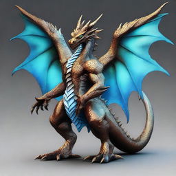 A digital art masterpiece featuring a humanoid bronze dragon with copper-colored scales, radiating a light blue glow