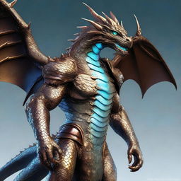 A digital art masterpiece featuring a humanoid bronze dragon with copper-colored scales, radiating a light blue glow