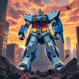 A highly detailed illustration of a giant Gundam robot in an urban setting, standing amidst skyscrapers with a dramatic sunset sky