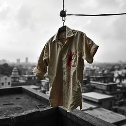 A dramatic scene depicting a blood-stained beige shirt hanging from a rope on a rooftop in Kolkata, India