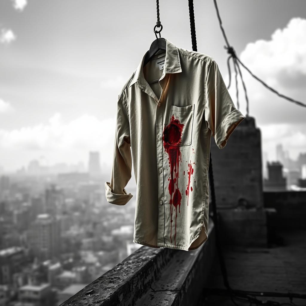 A dramatic scene depicting a blood-stained beige shirt hanging from a rope on a rooftop in Kolkata, India