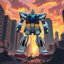 A highly detailed illustration of a giant Gundam robot in an urban setting, standing amidst skyscrapers with a dramatic sunset sky