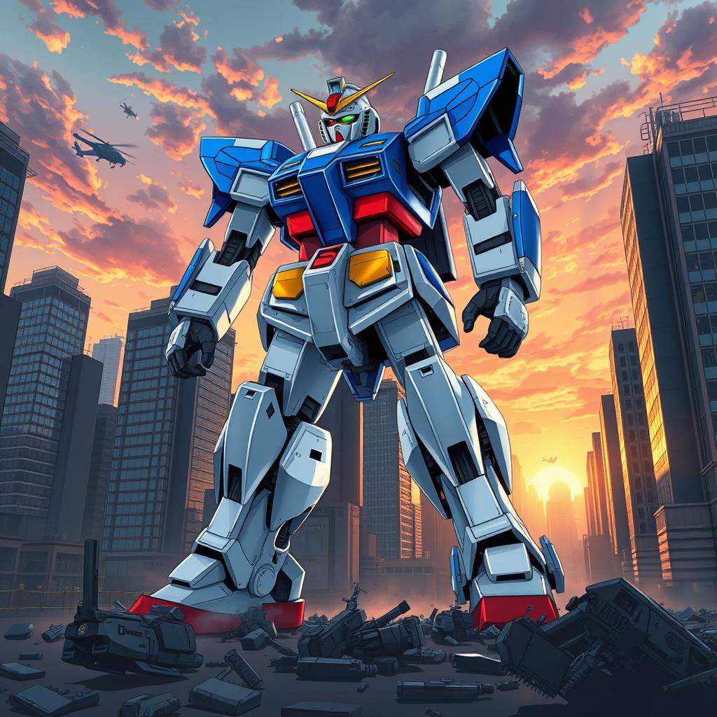 A highly detailed illustration of a giant Gundam robot in an urban setting, standing amidst skyscrapers with a dramatic sunset sky
