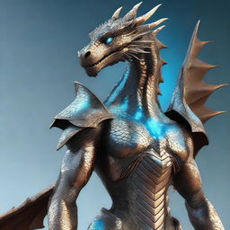 A digital art masterpiece featuring a humanoid bronze dragon with copper-colored scales, radiating a light blue glow