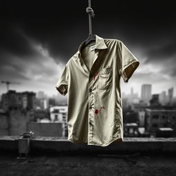 A dramatic scene depicting a blood-stained beige shirt hanging from a rope on a rooftop in Kolkata, India