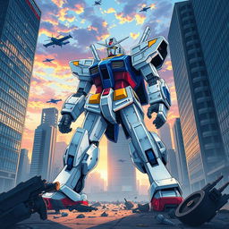 A highly detailed illustration of a giant Gundam robot in an urban setting, standing amidst skyscrapers with a dramatic sunset sky