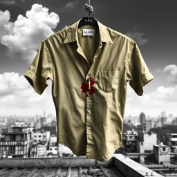 A dramatic scene depicting a blood-stained beige shirt hanging from a rope on a rooftop in Kolkata, India