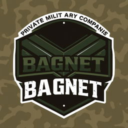 An emblem featuring a modern chevron design representing Private Military Companies, with the word 'BAGNET' prominently displayed in a bold, military-style font